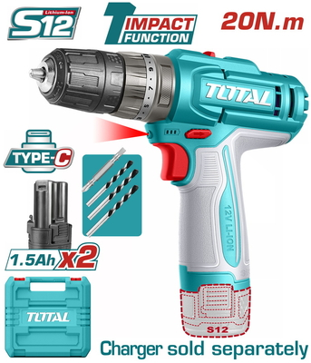 TOTAL ΔΡΑΠ/ΒΙΔΟ ΚΡΟΥΣΤΙΚΟ ΜΠΑΤ. Li-ion 12V / 1.5Ah / 20Nm / 2 ΜΠΑΤ Type-C (TIDLI12206E)